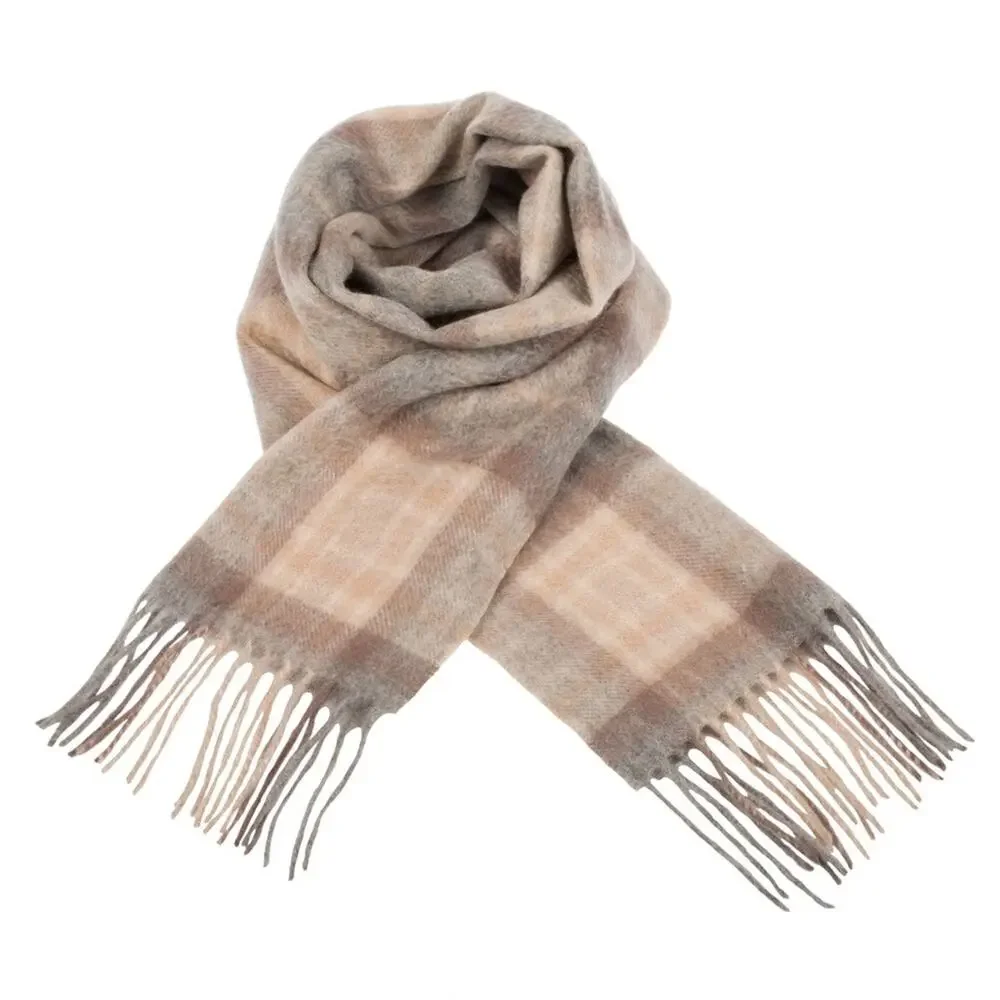 NEW EDINBURGH Beige Soft Blue Tan Cashmere Tartan Plaid Tassel Cozy Scarf Wrap